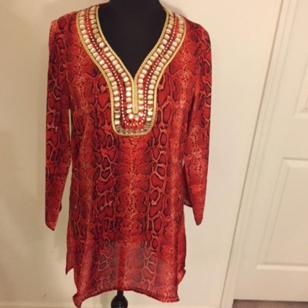 IMAN Orange & Black Jeweled V-Neckline w/Gold Piping Tunic Top Blouse SMALL NWT - Picture 5 of 8